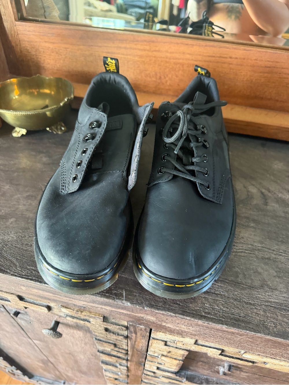 Dr. Martens Black Leather Low-Top Oxfords with Yellow Welt Stitching